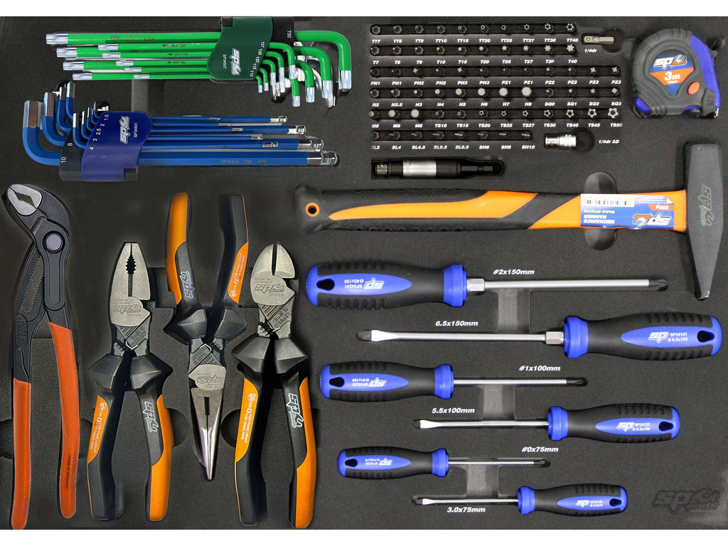 Module tournevis, pinces (x4 allemandes), clés, embouts, marteau - 97 pièces (M) SP Tools