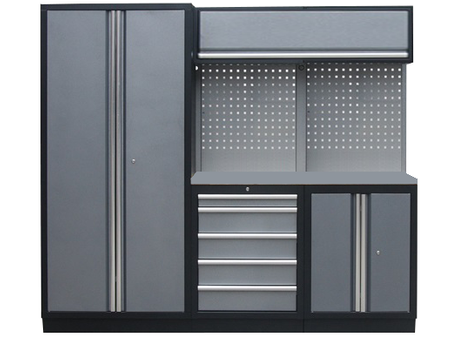 Mobilier SP - 1 armoire double, 2 meubles bas, 2 panneaux perforés, 1 meuble haut Inox SP Tools