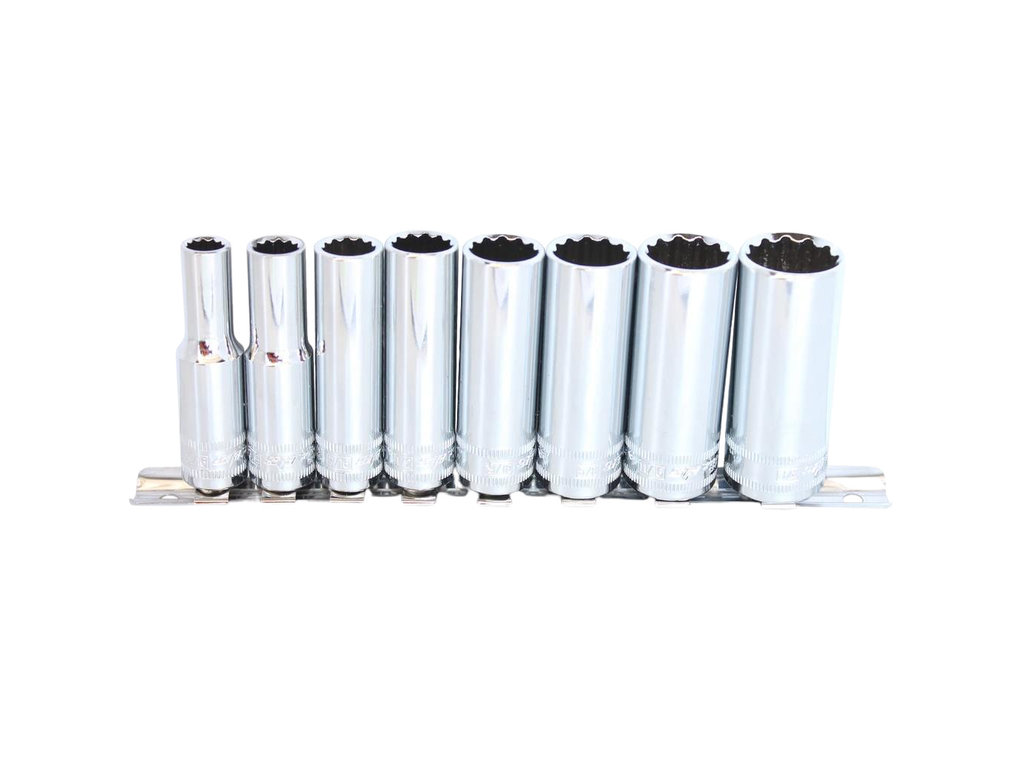 Douilles longues sur rack 3/8'' 12 pans en pouces - de 5/16'' à 3/4'' - 8 pièces SP Tools