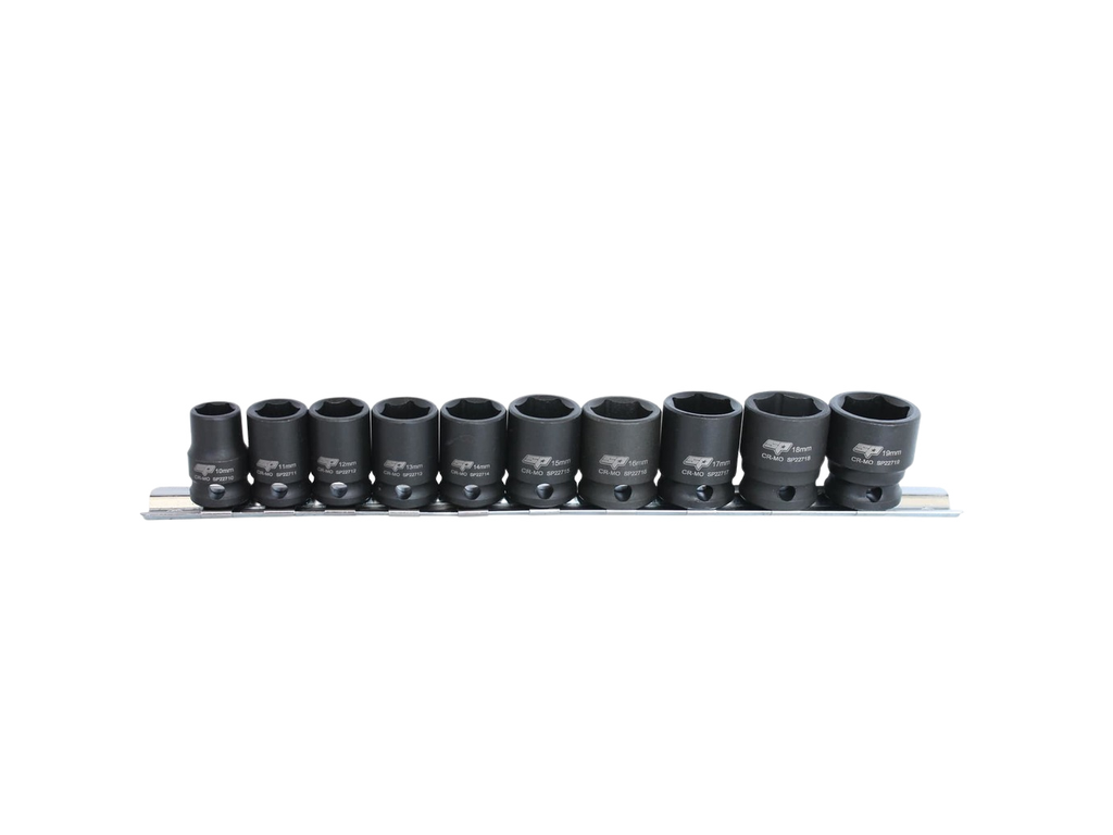 Douilles courtes impact sur rack 3/8'' 6 pans - de 10 à 19 mm - 10 pièces SP Tools