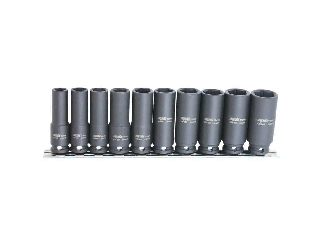 Douilles longues impact sur rack 3/8'' 6 pans - de 10 à 19 mm - 10 pièces SP Tools