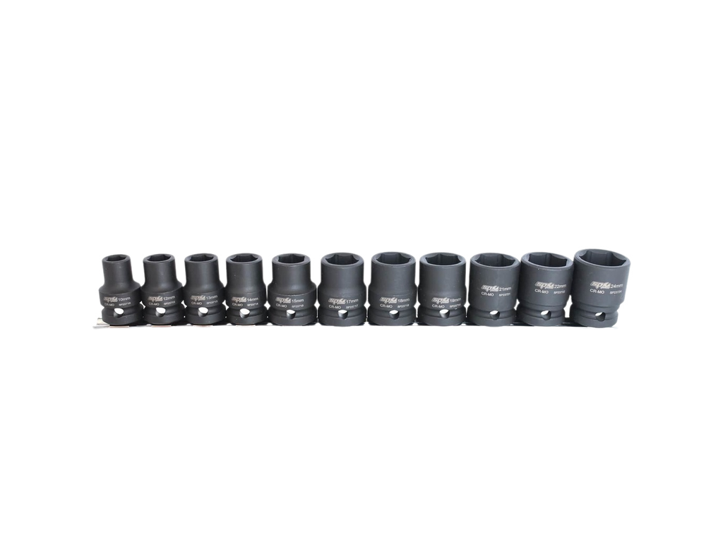 Douilles courtes impact sur rack 1/2'' 6 pans - de 10 à 24 mm - 11 pièces SP Tools