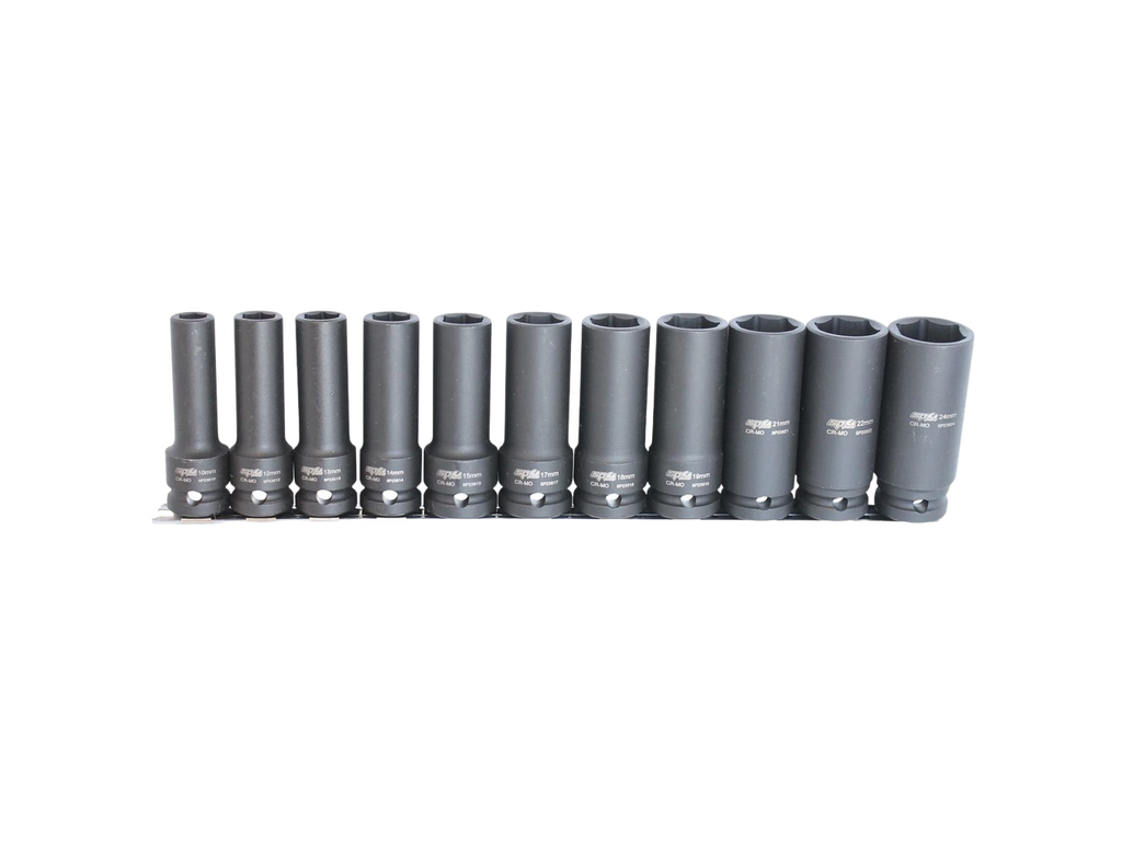 Douilles longues impact sur rack 1/2'' 6 pans - de 10 à 24 mm - 11 pièces SP Tools