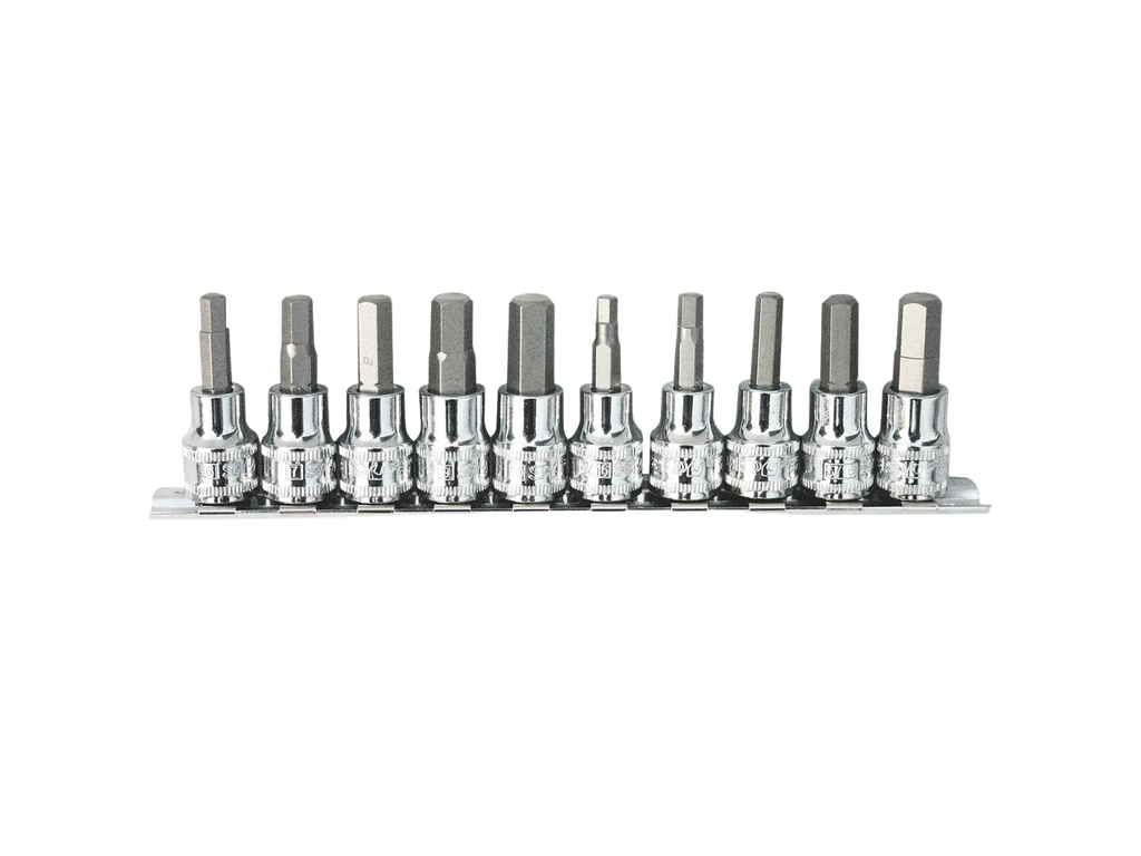 Empreintes courtes sur rack 1/4'', 3/8'' 6 pans en pouces - de 1/8'' à 3/8'' - 10 pièces SP Tools