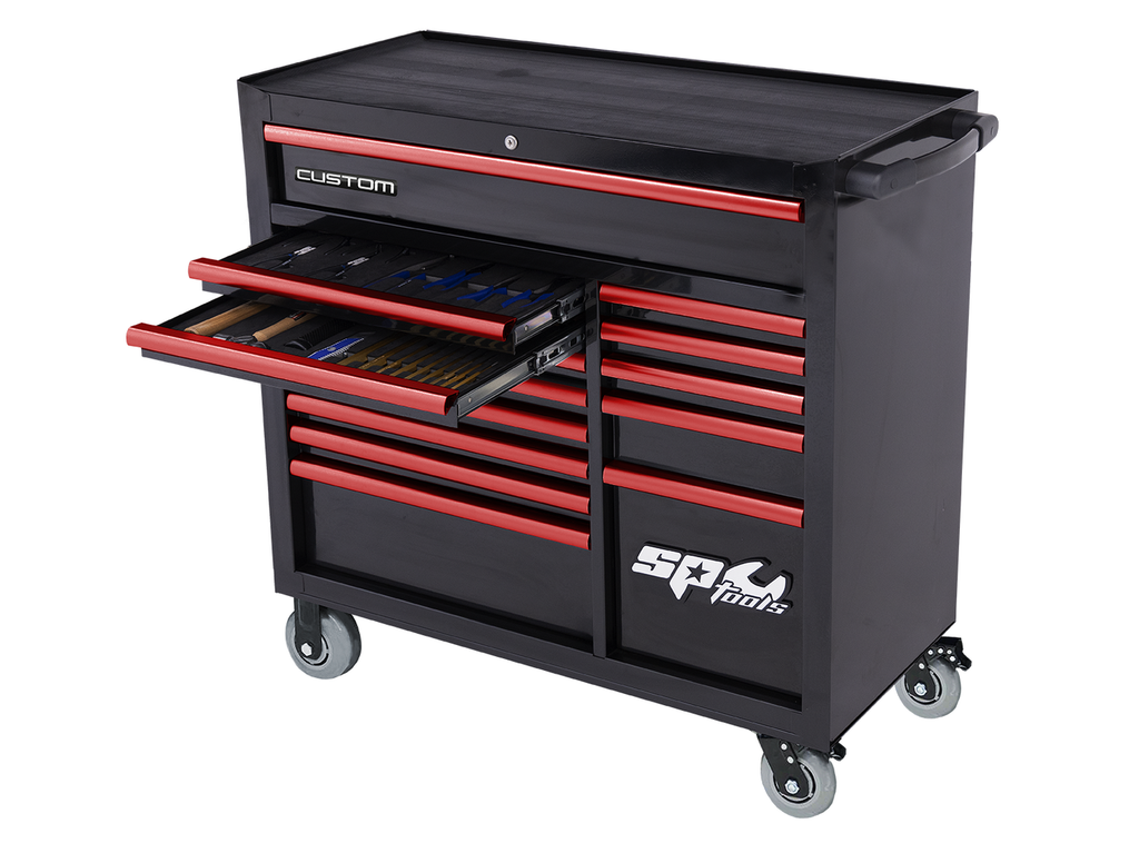 Servante XL 14 tiroirs équipée CUSTOM SERIES - 498 outils Noire/Rouge SP Tools