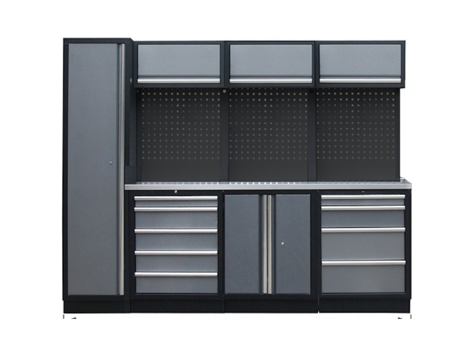 Mobilier SP - 3 meubles bas, 3 meubles hauts, 1 armoire 1 porte, 3 panneaux perforés Noir Inox SP Tools