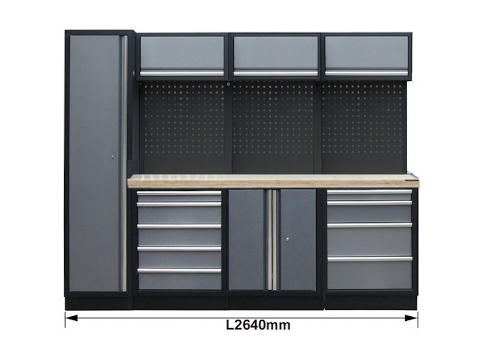 Mobilier SP - 3 meubles bas, 3 meubles hauts, 1 armoire 1 porte, 3 panneaux perforés Noir Bois SP Tools