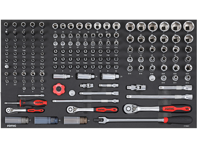 Module (L) (156pc) 1/4", 3/8" et 1/2" cliquets et douilles Sonic equipment